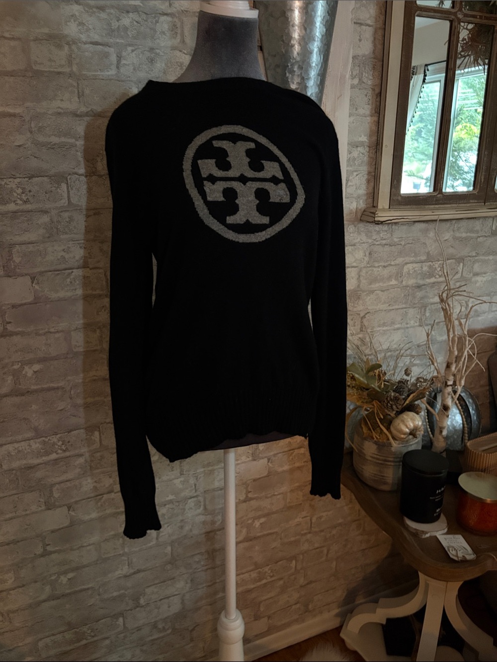 Tory Burch Black Crewneck with Gray Logo
